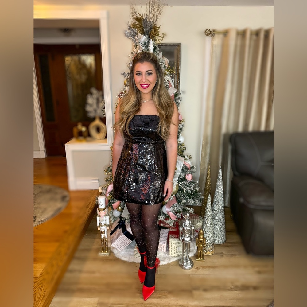 Black, sequin, structured, mini dress